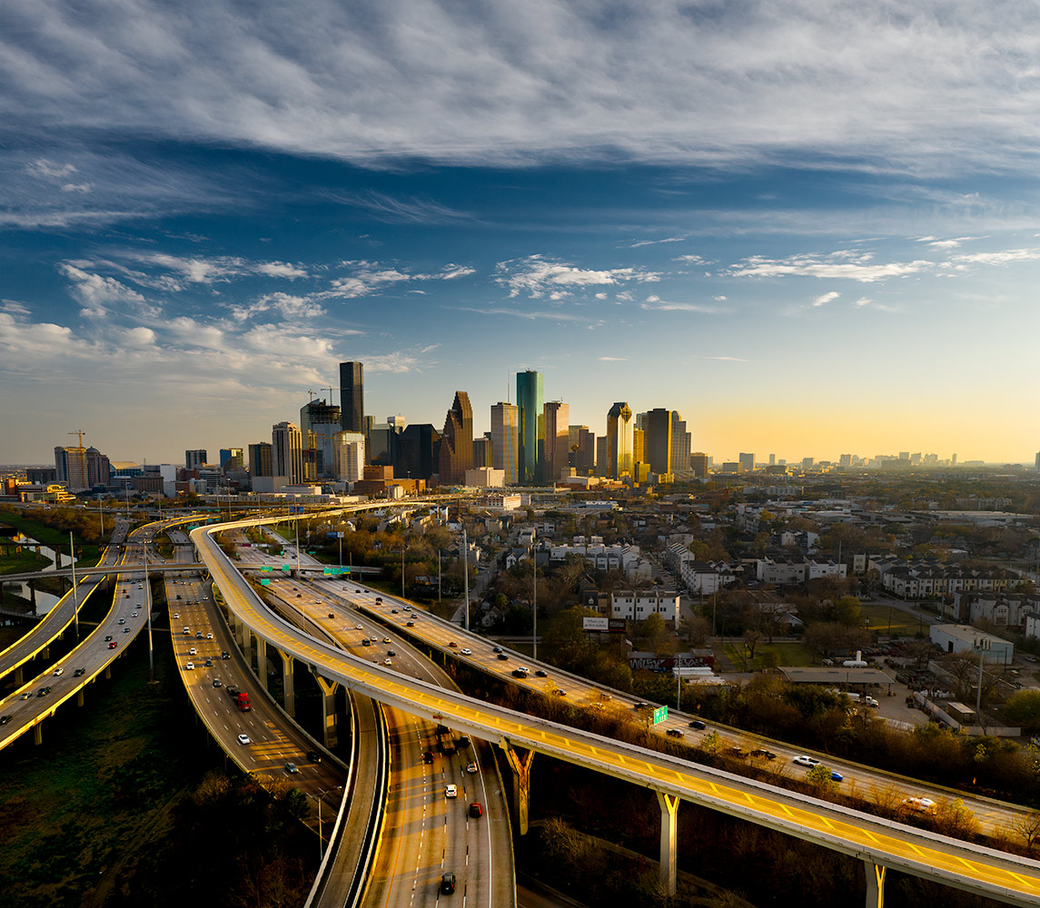 Aerial Image of The Skyline of Downtown Houston, Texas Taken from near The Intersection of I-10 west and I-45 North